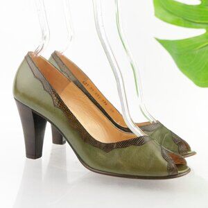 VTG Joseph Womens Pumps Size 6.5 Olive Green Leather Heels Peep Toe Shoes Italy